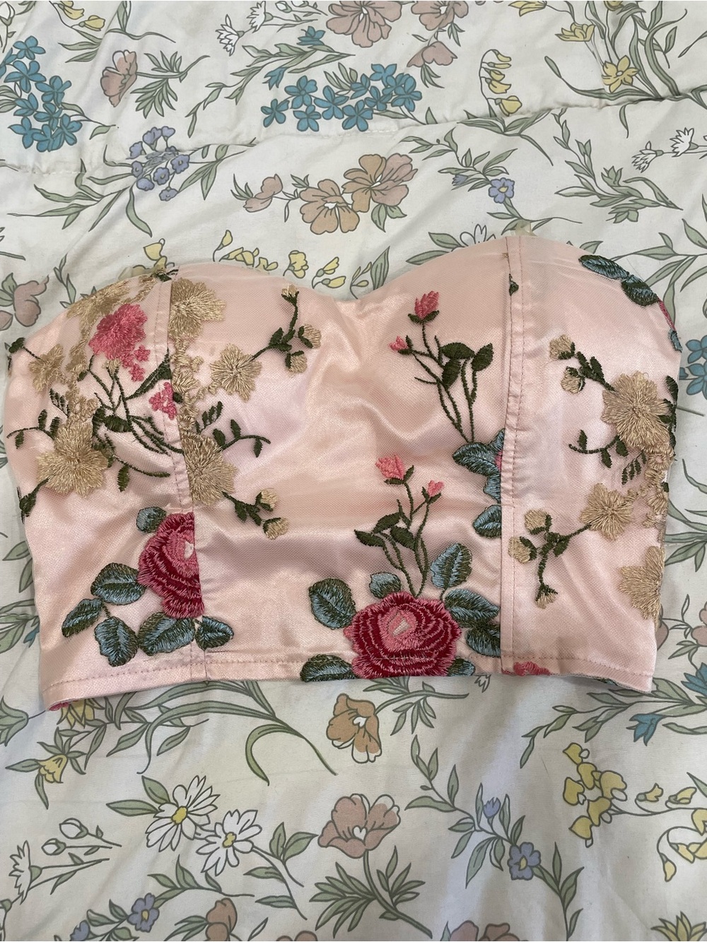 Charlotte Russe Pink Floral Embroidered Bustier Crop Top